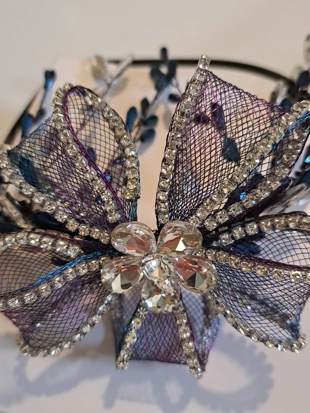 Goth Bride Headband Purple Mesh Crystal Blue-Black Rhinestones